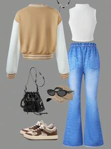 Girls Casual Hoodie Jacket + Solid Color Tank Top & Extended Pants Set - Khaki - View 2