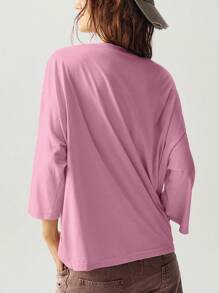 Bohemela 休闲纯色针织圆领短袖宽松大码T恤，带刺绣星星图案 - 粉色 - 查看 4