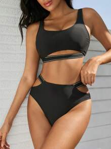 Swim SPRTY 2pcs Women Casual Sports Outdoor Workout Black Racerback Bikini Swimwear Set Summer - Black - View 5