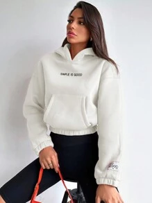 SHEIN Cottnline 棉质短款连帽运动衫，带文字图案和抽绳 - 白色 - 查看 3