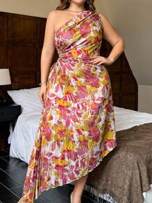 SHEIN Privé 大码女式热带印花镂空腰褶皱连衣裙，优雅休闲、度假、海滩、夏季 - 黃色 - 查看 1