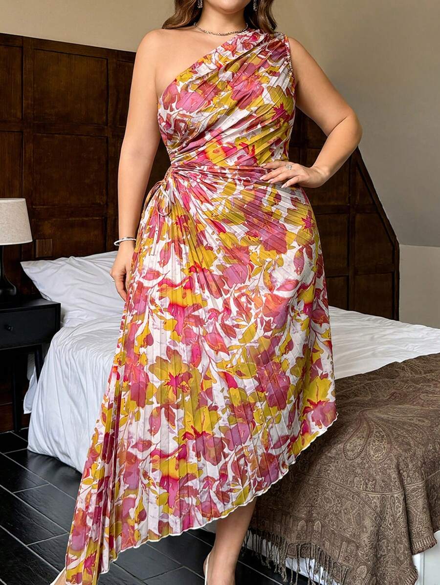 SHEIN Privé 大码女式热带印花镂空腰褶皱连衣裙，优雅休闲、度假、海滩、夏季 - 黃色 - 查看 1