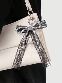 ROMWE Kawaii 1 chiếc Y2K phong cách Gothic đính hạt thủ công CCB bạc, nơ lưới ren đen, mặt dây chuyền hình thánh giá rỗng móc khóa túi xách, phù hợp cho phụ nữ/bé gái mặc hàng ngày, quà tặng ngày lễ tình nhân, Halloween - màu đen - Xem 2