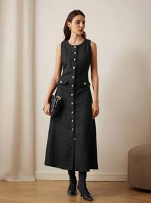 SHEIN Unity French Minimalist Versatile Glamorous Sequin Tweed Fringed Design Button Long Sleeveless Overcoat, Autumn/Winter Holiday Party Clothes  - Black - View 1