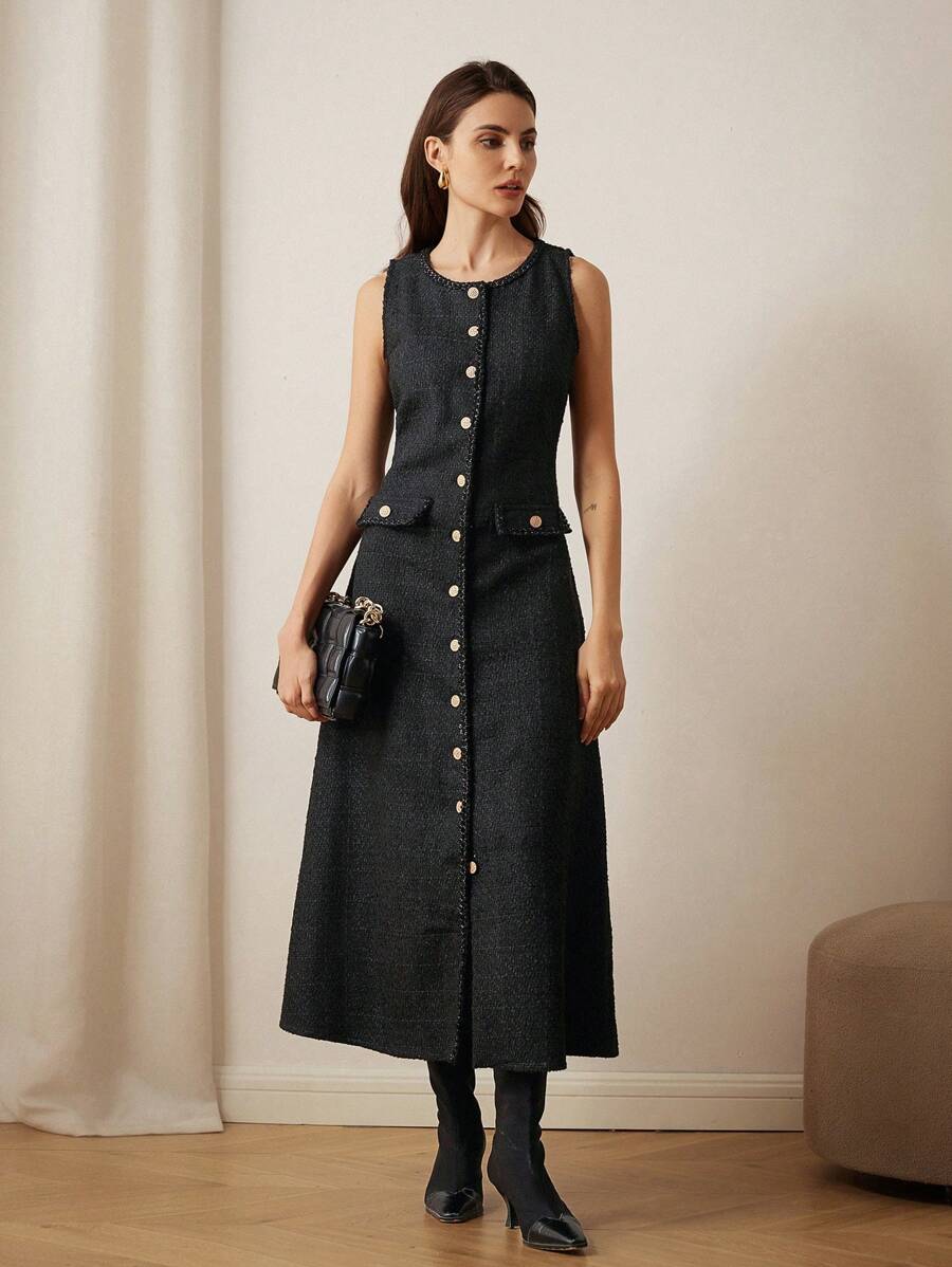 SHEIN Unity French Minimalist Versatile Glamorous Sequin Tweed Fringed Design Button Long Sleeveless Overcoat, Autumn/Winter Holiday Party Clothes - Black - View 1