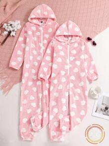 Pijama con capucha y cremallera para niñas preadolescentes con estampado de corazón grueso y forro térmico, para otoño/invierno