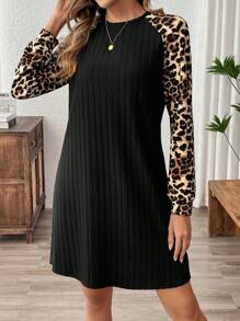 SHEIN LUNE 女士纯色拼布圆领长袖休闲短裙 - 彩色 - 查看 4