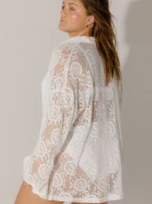 Aralina Curve Floral Lace Detailed Long Sleeve Sheer Cover Up Blouse - White - View 7