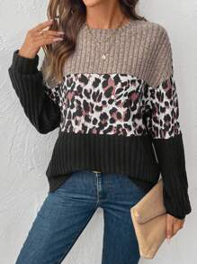 SHEIN LUNE Women's Autumn/Winter T-Shirt, Oversized Dolman Sleeve Round Neck, Leopard Print & Ribbed Panel Design, Color Blocking, Daily Casual Loose Style Graphic Cheetah Print Tees Women Tops