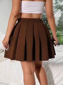Sunnyshic Plus Size Women Solid Color High Waist Pleated Mini Skirt - Brown - View 2