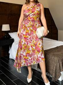 SHEIN Privé 大码女式热带印花镂空腰褶皱连衣裙，优雅休闲、度假、海滩、夏季 - 黃色 - 查看 6