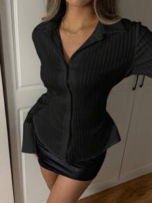 SHEIN EZwear Áo cánh tay loe họa tiết eo trơn màu đơn giản cho nữ - màu đen - Xem 3