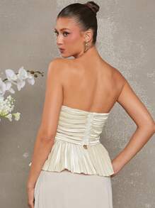 L'Amorae 女士褶皱缎面抹胸秋季外出上衣 - 米色 - 查看 3