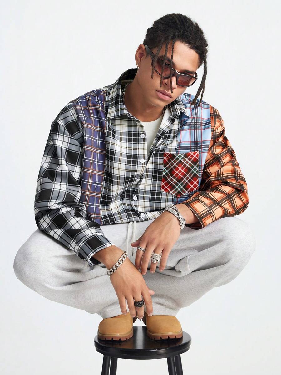 Manfinity RebelGame 男士拼布宽松梭织长袖格子衬衫 - 彩色 - 查看 1