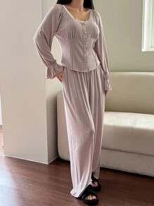 DAZY 2pcs Women Spring Pajama Set: Romantic Lace Trimmed & Patchwork Cropped Top & Straight Leg Pants - Dusty Purple - View 6