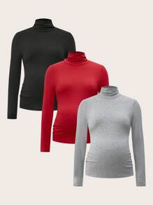 SHEIN Maternity Casual Solid Stand Collar Long Sleeve T-Shirt, Autumn - Multicolor - View 1