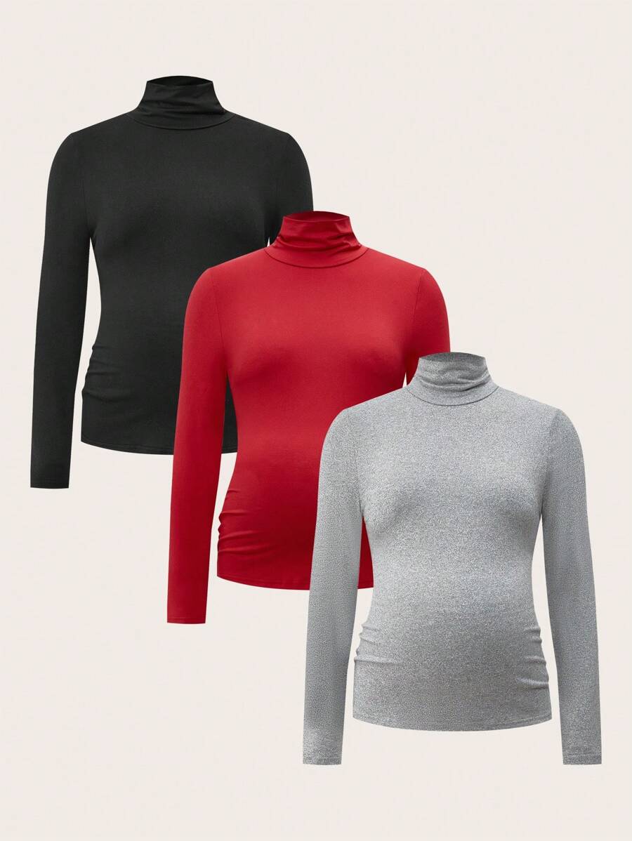 SHEIN Maternity Casual Solid Stand Collar Long Sleeve T-Shirt, Autumn - Multicolor - View 1