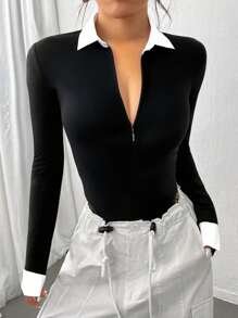 Flirla 黑白撞色翻领半襟拉链长袖修身衬衫，时尚简约女士街头服饰，秋季 - 黑色 - 查看 3
