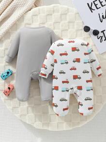 SHEIN 新生儿简约可爱汽车印花长袖两件套服装 - 彩色 - 查看 2