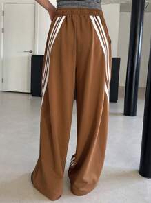 DAZY Contrast Color Drawstring Loose Wide Leg Pants, Women's Casual Sweatpants, Spring Women Joggers - Brown - View 2