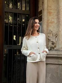 Pariaura 新款休闲 V 领口袋设计女式开衫，百搭 - 杏色 - 查看 1