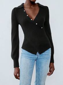 Chiquease Damski sweter z kontrastowymi guzikami i długim rękawem, uniwersalny sweter dzianinowy na jesień/zimę