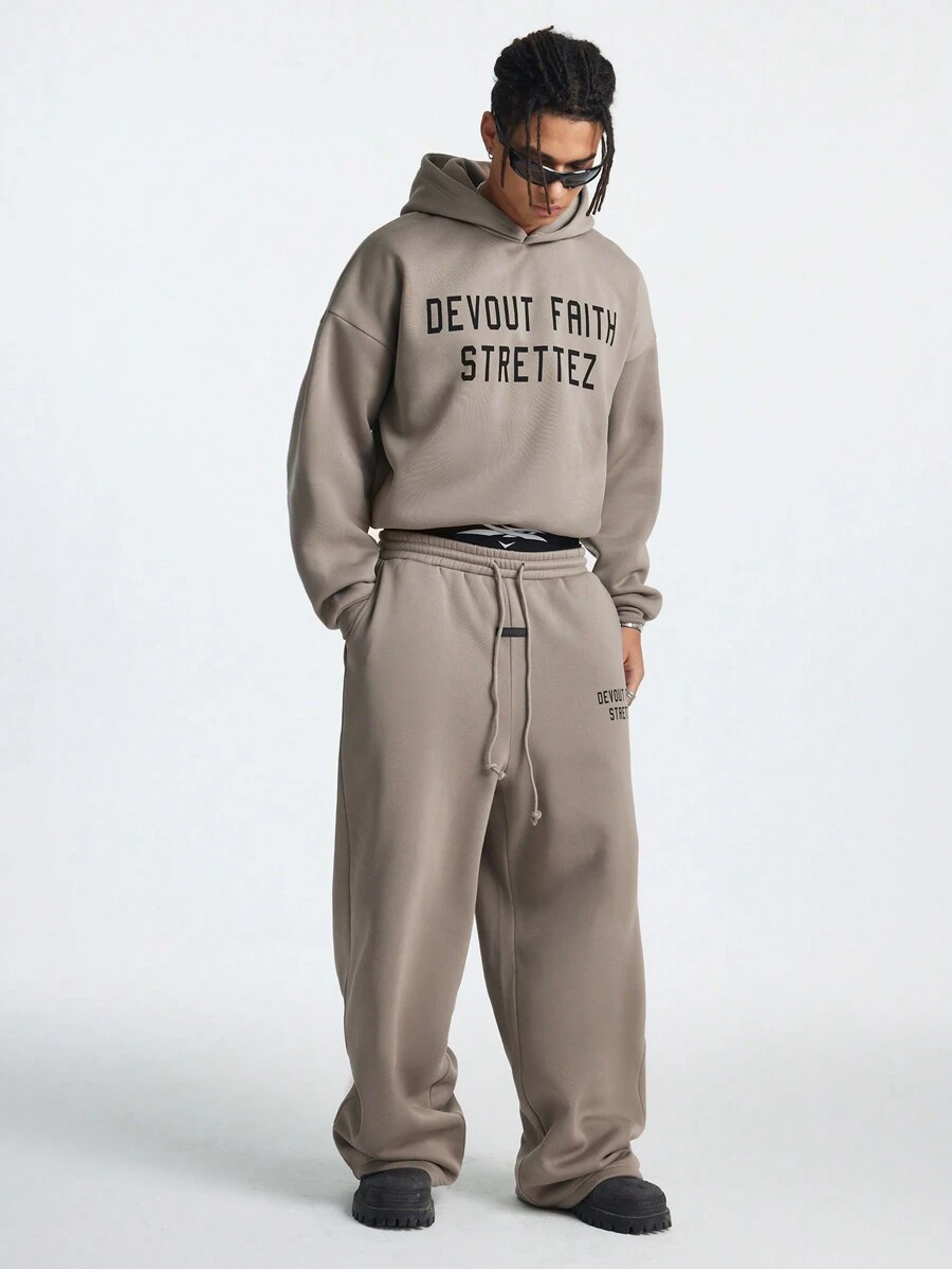 Manfinity VCAY Men's English Letter Print Loose Knit Long Sleeve Sweatshirt Set, For Fall Winter - Khaki - View 1