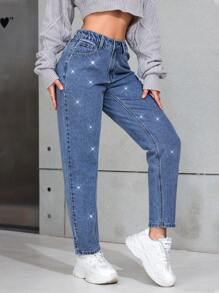 SHEIN PETITE Casual Washed Rhinestone Tapered Denim Pants - Light Wash - View 6