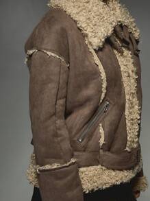 MISSGUIDED Premium Shearling Biker Jacket With Buckle Belt Winter Faux Fur Trim Warm Outerwear Aviator Style Fashion Coat - Brown - View 6