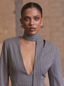 MUSERA Rochie tip cămașă cu dungi și decolteu în V, elegantă, de primăvară și iarnă, stil business, casual - Gri - Vizualizare 6