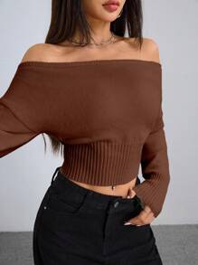 SHEIN Unity 女士休闲露肩长袖针织毛衣 - 咖啡棕 - 查看 5