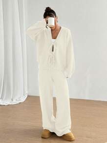 SHEIN Unity 2pcs Casual Minimalist Solid Color Sweater Sets, Slouchy Everyday Style - Beige - View 3