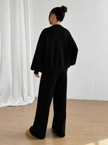 SHEIN Unity 2 件套休闲纯色系带开衫和裤子套装 - 黑色 - 查看 2