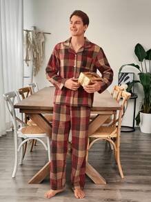 SHEIN 2pcs Men Classic Elegant Plaid Lapel Cardigan Long Sleeve Top And Casual Pants Comfortable Sleepwear Pajama Set For Christmas