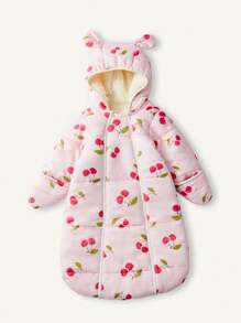 Cozy Pixies 1 chiếc túi ngủ trùm đầu dài tay in họa tiết quả anh đào ấm áp cho trẻ sơ sinh khi đi chơi, mùa thu - Hồng - Xem 9