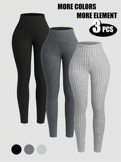 INAWLY 3pcs Women Solid Color Ribbed Leggings Fall Cloth For Women