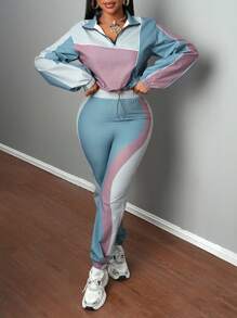 Slaydiva 2 件套女士休闲街头风格运动高领长袖拉链夹克和宽松抽绳裤，拼布拼色 - 綠色 - 查看 6