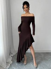 Elenzga Women's Off-Shoulder Asymmetrical Ruffle Hem Knit Elegant Dress - Coffee Brown - View 5