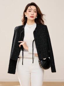 EastFlair 女士蝴蝶结领长袖短款常规夹克，秋冬 - 黑色 - 查看 3