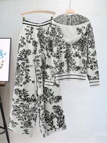 SHEIN LUNE Bộ áo len 2 món in họa tiết đơn giản màu trơn cỡ lớn cho nữ, thích hợp cho lễ Halloween, năm mới, ngày lễ tình nhân, lễ tạ ơn, giáng sinh, lễ phục sinh, ngày lễ quốc gia, tiệc đêm giao thừa - trắng - Xem 2