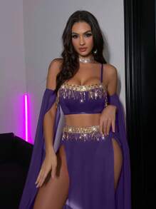 5 件套女士亮片流苏网眼文胸套装，无钢圈 - 紫色 - 查看 4