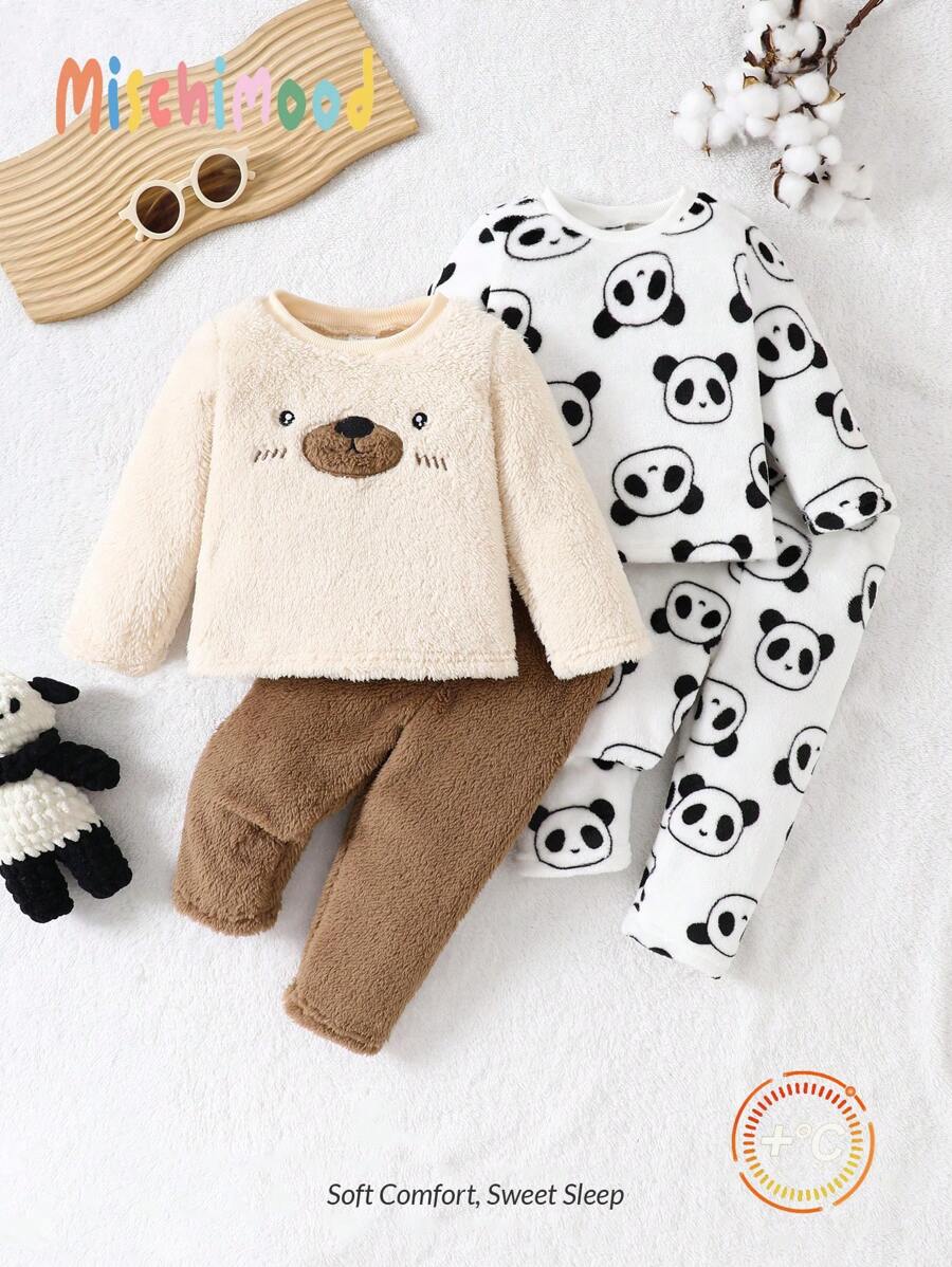 4件套男婴可爱熊猫印花毛绒上衣和裤子家居服套装 - 彩色 - 查看 1