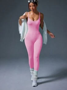 Easithlete Bộ đồ liền thân thể thao thường ngày dây mảnh ôm vừa vặn đơn giản dành cho nữ - Hồng - Xem 4