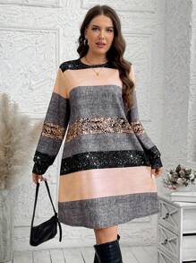 SHEIN LUNE Plus Size Women's Striped Round Neck Long Sleeve Loose Casual Dress, Spring And FallHoliday OutfitsGlitter Dress Party Dresses For Women - Coral Orange - View 5