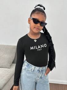 SHEIN Leap Crew Tween 女童字母印花针织圆领长袖休闲紧身 T 恤 - 黑色 - 查看 4