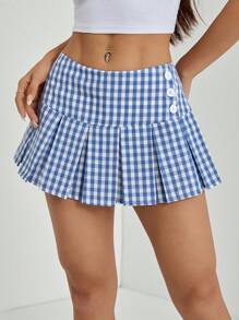 SHEIN PETITE 女士格子印花简约日常 A 字裙、网球裙系列 - 藍色 - 查看 7