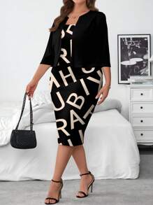 SHEIN Clasi 2pcs/Set Plus Size Simple Jacket And Dress, Casual Minimalist Outfit Suitable For Autumn/Winter
