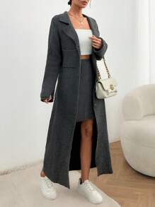 SHEIN Cottnline Maxi Cardigan And Mini Skirt Knit Set - Grey - View 1