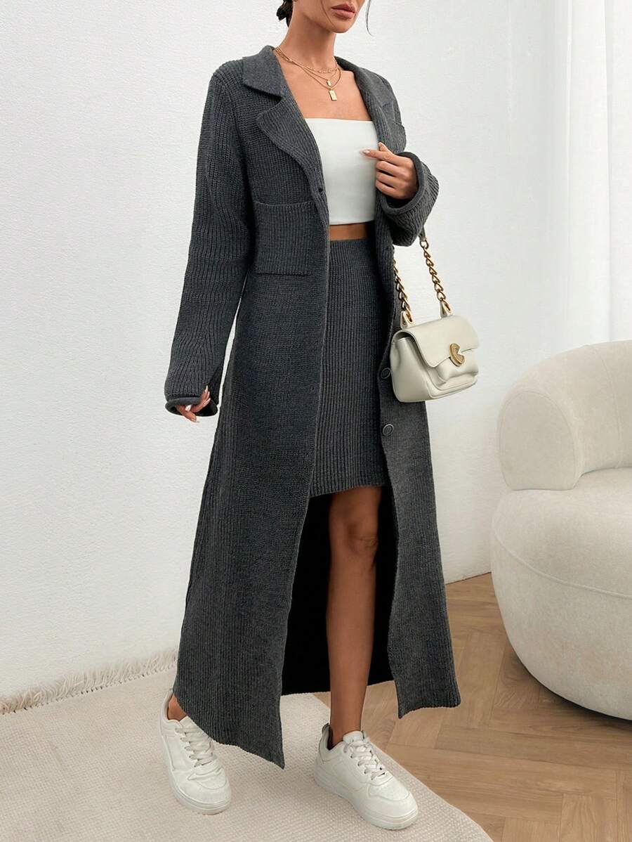 SHEIN Cottnline Maxi Cardigan And Mini Skirt Knit Set - Grey - View 1
