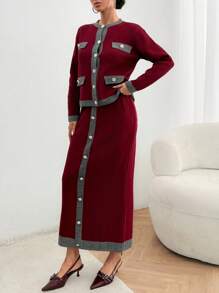 EURMUSE Textured Cardigan And Midi Skirt Set With Contrast Trim - Burgundy - View 3